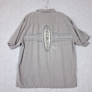TOMMY BAHAMA Mens L 100% Silk Embroidered Paddle Board Camp Gray Button Shirt